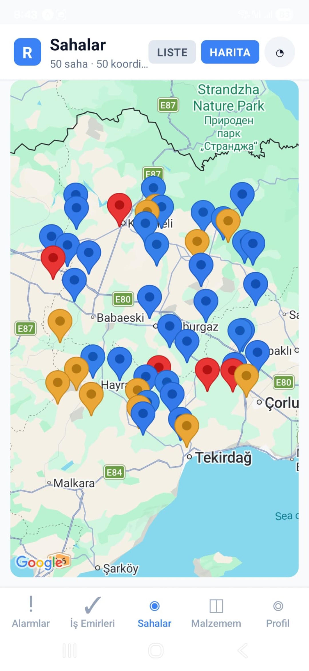 Refleks saha mobil — açık iş emri listesi